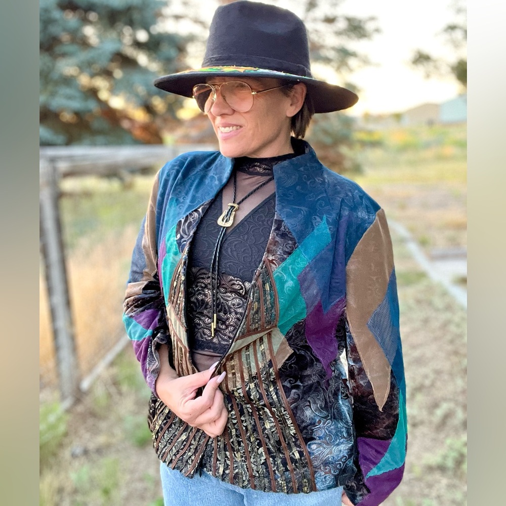 Vintage Obstinee by Ika Front Zip Whimsical Jacket Top 16 Mixed Media Velvet